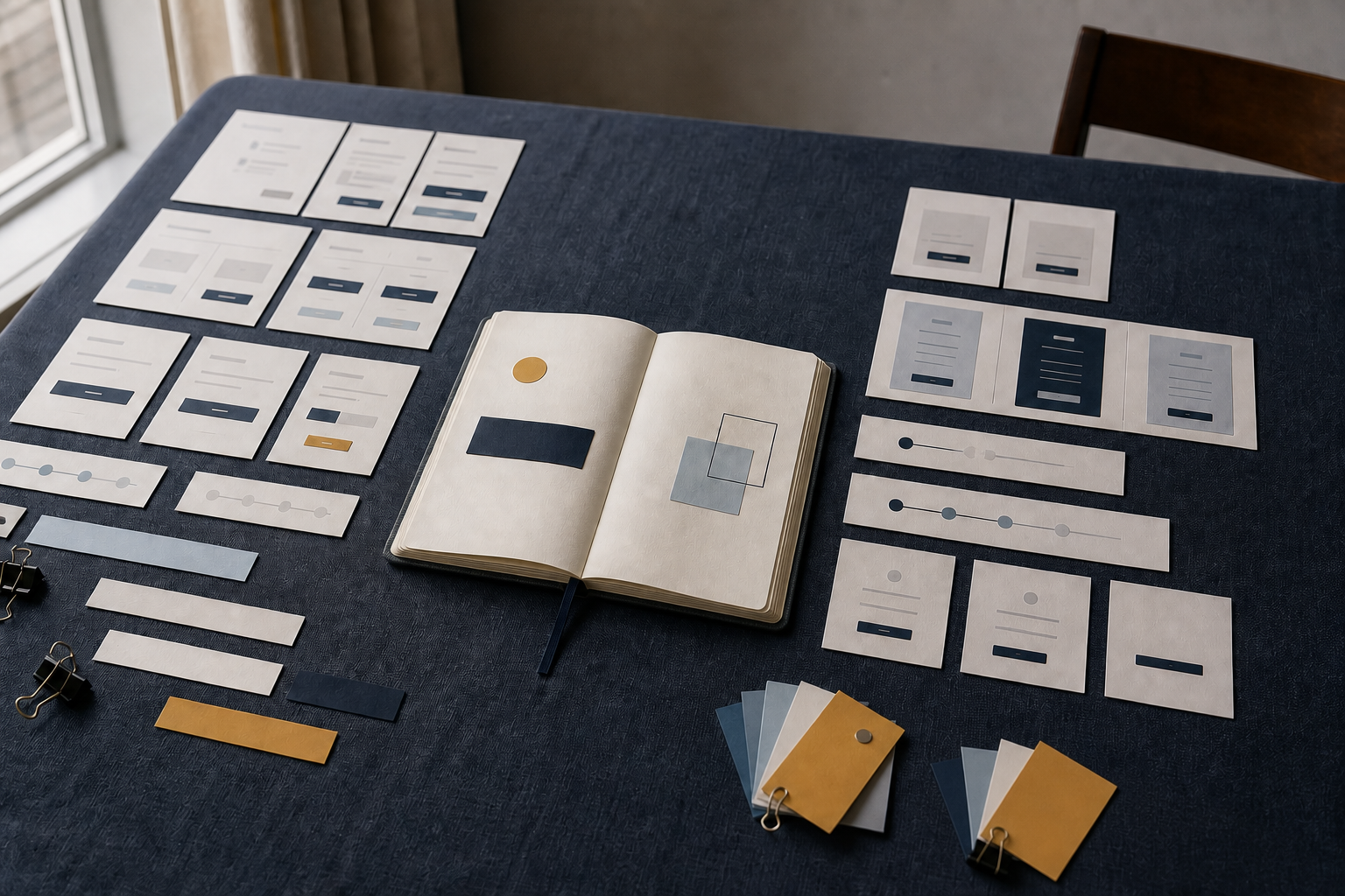 On navy cloth, paper interaction-specimen cards form crowded and clearer groups around an open notebook, binder clips and plain colour swatches.