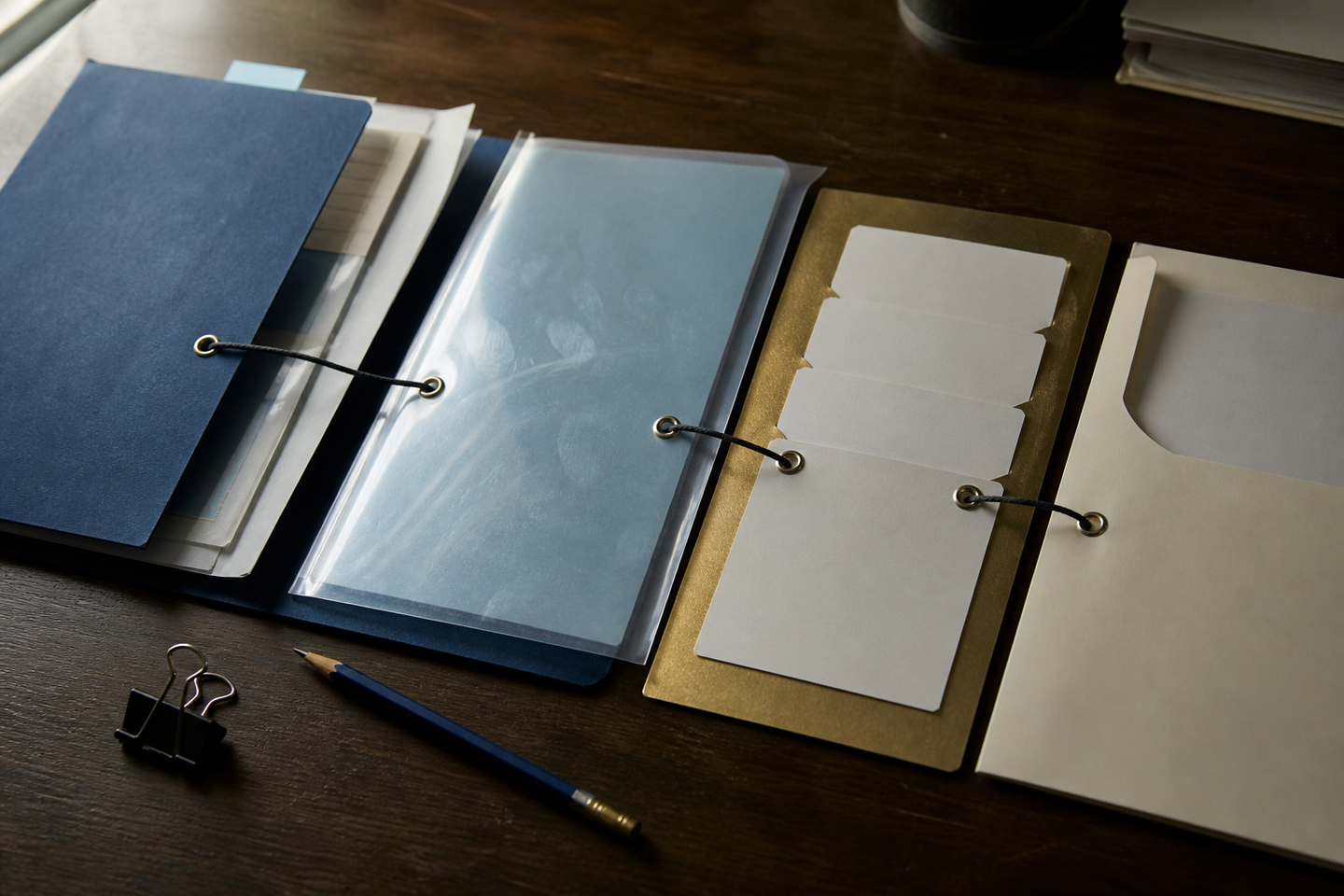 On a dark wooden desk, a blue source file, translucent fingerprint sheet, gold board of blank index cards and empty ivory folder are linked with cord and eyelets beside a pencil and binder clip.