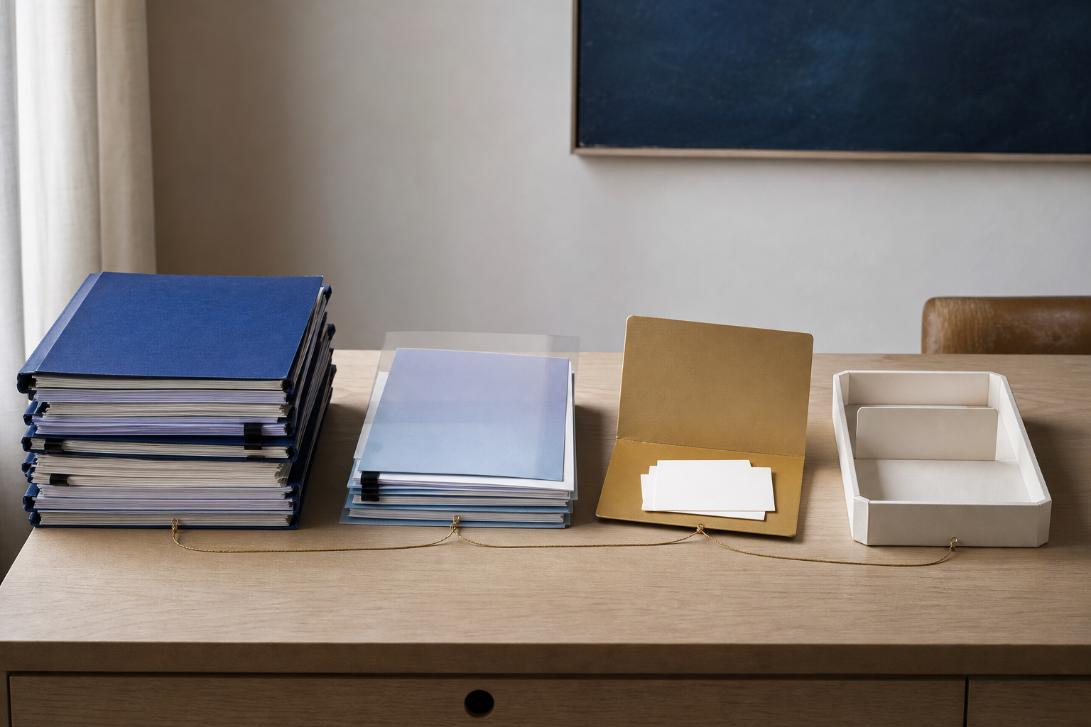 A warm wooden desk holds deep-blue source folders, pale working papers beneath a clear acetate sheet, a gold folder of blank cards and an empty ivory tray, linked by cord.